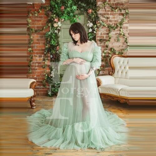 2021 New In Mint Green Women Tulle Maternity Dresses For Photo Shoot Puffy Sleeves See Thru Long Train Pregnancy Gowns