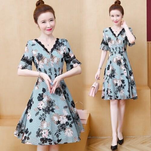 Plus size L-5XL 2020 summer fat dress V-neck XXL XXXL 3XL XXXXL 4XL short sleeves print flower Floral womens ladies wear dresses