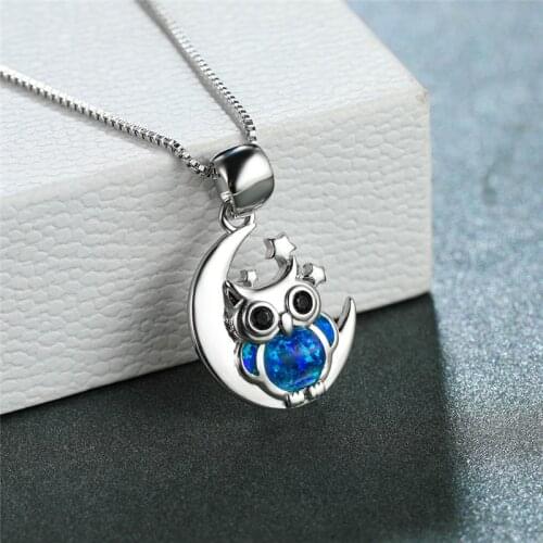 Female Blue Opal Wedding Necklace Luxury Crystal Animal Owl Pendant Necklace Vintage Silver Color Moon Chain Necklaces For Women