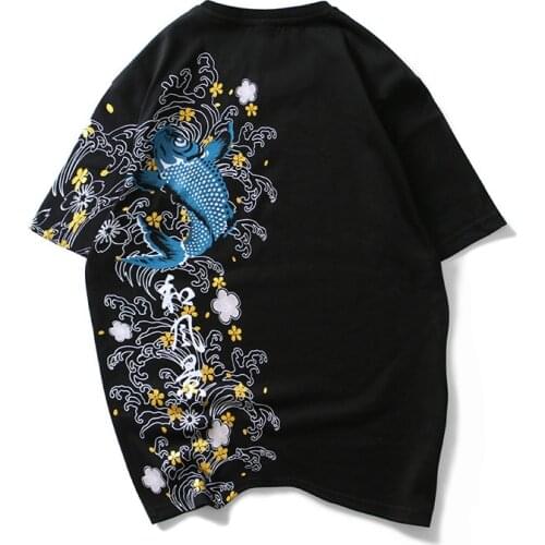 2020 New Arrival Summer Popular Carp Embroidery Personality Loose Big Short Sleeve Print O-neck Cotton Casual T Shirt Sale