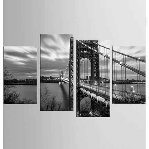 4 pieces / sets of modern mural painting cloth black and white bridge night painting group canvas fresco art home decoration