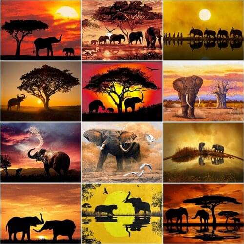 DIY 5D Diamond Painting Sunset African Grassland Elephant Cross Stitch Kit Full Round Diamond Embroidery Mosaic Rhinestone Decor