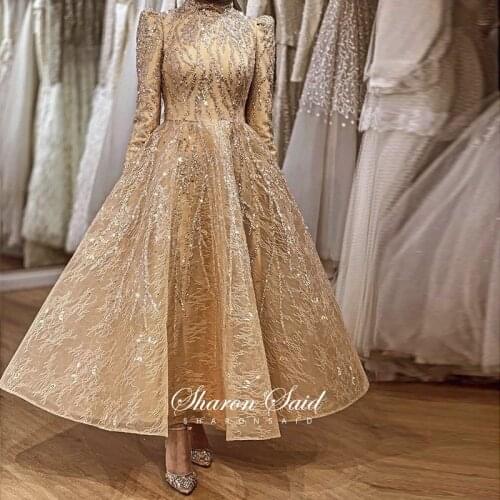 Arabic Gold Long Sleeve Muslim Evening Dresses 2021 Luxury Dubai Midi Party Formal Dress Women Elegant High Neck Ankle Length