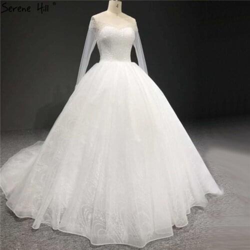 White O-Neck Sparkle Sexy Wedding Dresses Long Sleeves Beading Sequins Bride Gowns Serene Hill HA2323 Custom Made