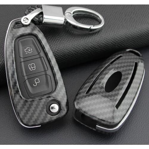 Carbon Fiber Flip Car Key Cover Fob Case Chain For Ford Escape Focus Kuga 2012-2019
