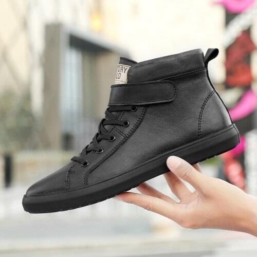 Black&White Man Casual Shoes High-top Mens Leather Shoes Luxury Brand Trainers Outdoor Waterproof Sneakers 100% Genuine Leather