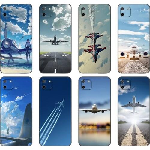 Black tpu Case For OPPO Realme C11 C20 C21 Case Back Cover Bumper Aircraft sky airport