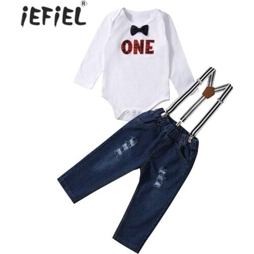Baby Clothes 1st First Birthday Outfit Boys One Year Gentleman Tie Romper Suspender Denim Ripped Pants Toddler Baby Clothing Set