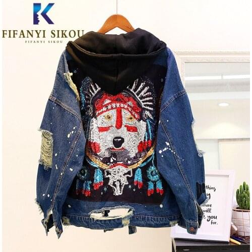 Jeans Jacket Women Streetwear Fashion Embroidery Sequins Ripped Denim Jacket Female 2020 Spring Autumn Loose Hooded Jeans Coat
