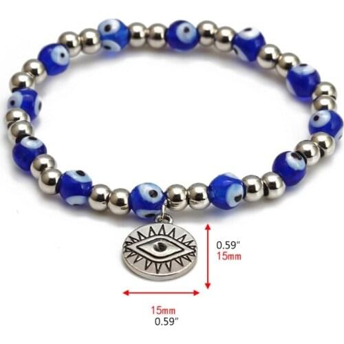 E56A Lucky Blue Evil Eye Beaded Bracelet With Hand Charm Bangle Jewelry Turkey Blue Cyan Eye Wrist Bracelet for Protection