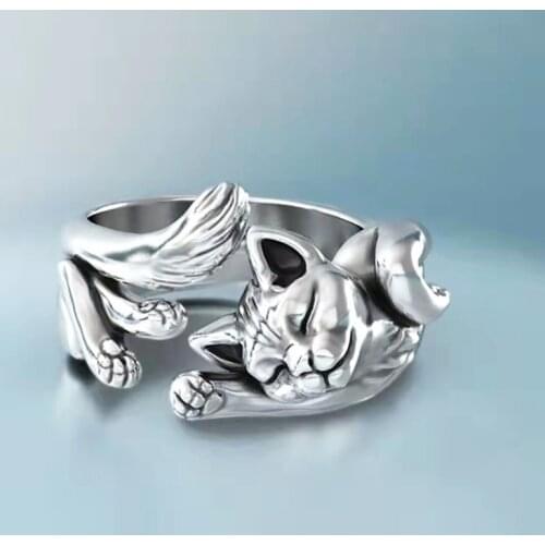 Retro Neutral Sleep Cat Open Finger Ring Gift Unique Fashion Animal Punk Ring for Men Women Adjustable Fingers Jewelry
