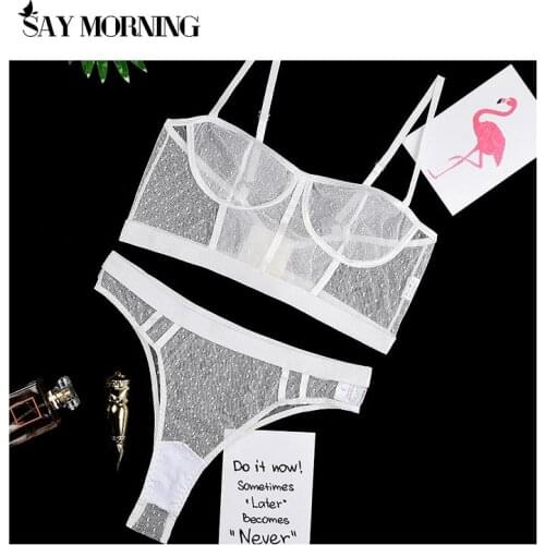 SAY MORNING New Womens Polka Dot Lace Lingerie Set Mesh Perspective Wire Free Comfortable Sexy Bra Set Thong Underwear Set