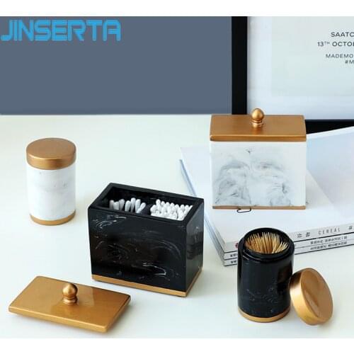 JINSERTA Marbled Resin Storage Box Cotton Swab Organizer Toothpick Holder Luxury Gold Living Room Bathroom Cotton Pad Box