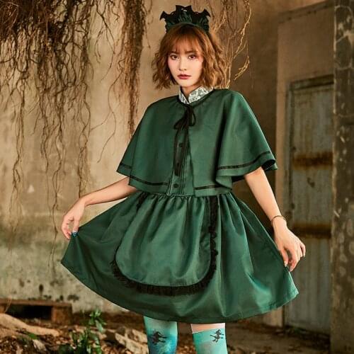Halloween Costume Dark Green Turtleneck Lace Self-cultivation Temperament Evil Maid Cosplay Costume To Send Bat Headdress