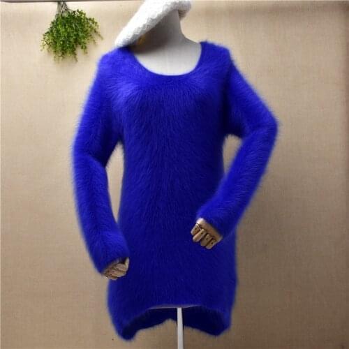 Lady women fashion hairy fuzzy mink cashmere knitted o-neck slim bottoming sleeves pullover angora fur jumper sweater pull dress