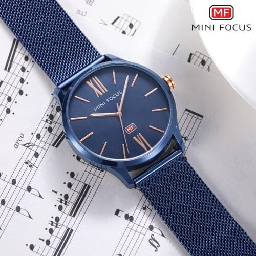 MINI FOCUS Concise Business Watch Men Quartz Analog Clock Ultra Thin Blue Mesh Strap Mens Watches Top Brand Luxury 2019 Hot Sale