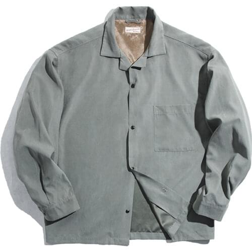 Maden Men’s Casual Long Sleeve Shirt Spring Autumn Retro Peach Skin Shirt Street Loose Fit Shirt Jacket Green Khaki