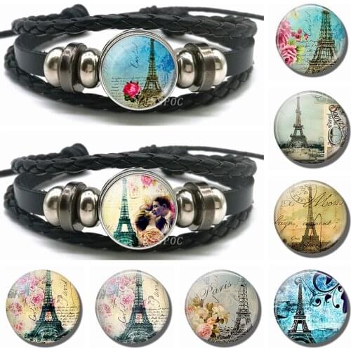 Literary Paris Eiffel Tower Bracelet Glass Dome Cabochon Paris Souvenir Black Button Leather Woven Bangle for Men Women Gift