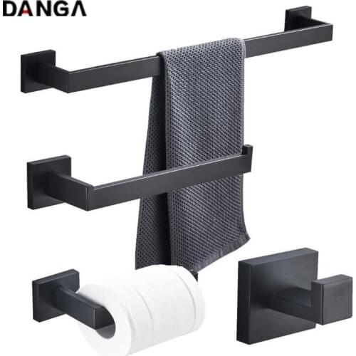 Matt Black Hardware Set Square Towel Rack Stainless Steel Towel Bar Toilet Paper Holder Robe Hook Bathroom Accessories
