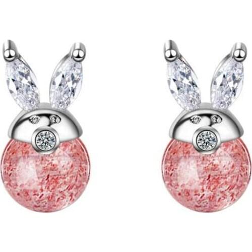 New Fashion Fresh 925 Sterling Silver Jewelry Sweet Animal Cute Rabbit Temperament Strawberry Crystal Stud Earrings SE718