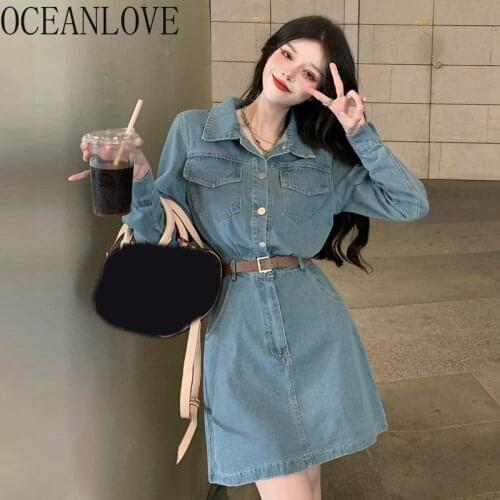 OCEANLOVE Denim Women Dresses Autumn Long Sleeve Solid 2021 Korean Single Breasted Vestidos Belt Retro Sexy Mini Dress