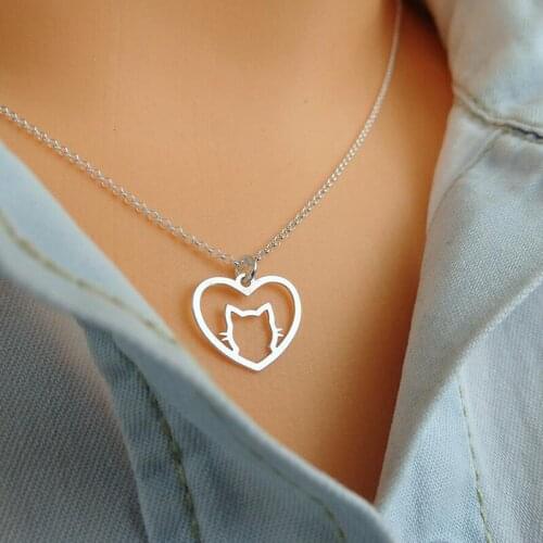 Heart Necklace for Women Couple Cat Pendants Jewelry on The Neck Stainless Steel Simple Lovers Necklace Gifts Woman Accessories