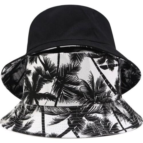 Fashion Coconut Tree Pattern Bucket Hat Reversible Summer Panama Fisherman Fishing Hats Men Women Canvas Hip Hop Flat Top Caps