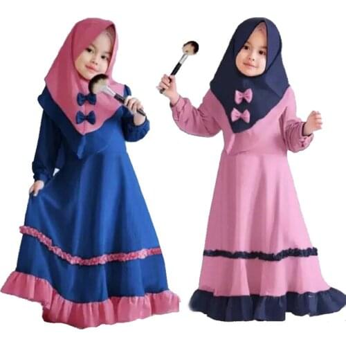 2 Peices Muslim Child Girls New Hijab Dress Islamic Arab Abaya Kids Ramadan Long Sleeve Middle East Maxi Dresses Kaftan Clothing