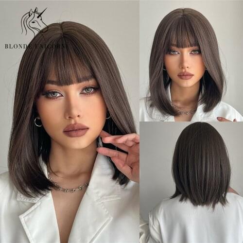 BLONDE UNICORN Natural Short Bob Wig 12 Inch Straight Synthetic Hair Cosplay Hair With Bangs Lolita Wigs For Women