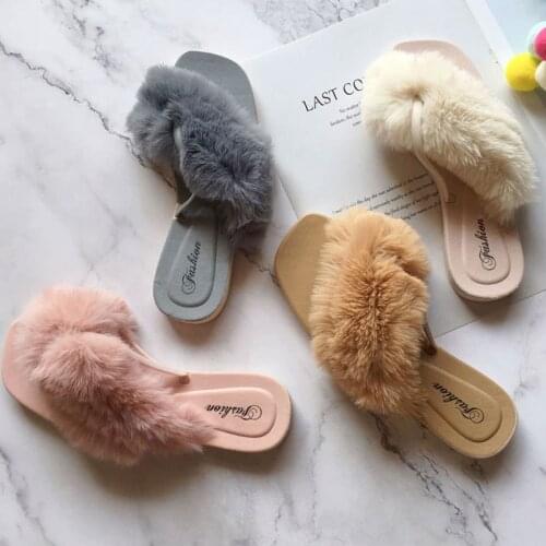 SUOJIALUN New Fashion Faux Fur Women Slippers 2020 Woman Winter Slip on Furry Flip Flops Flat Heel Casual Home Slides Shoes
