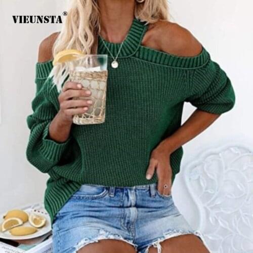 Sexy Hollow Out Strapless Halter Sweater Womens Winter Plus Size Solid Color Round Neck Long Sleeve Loose Knitting Sweater 3XL
