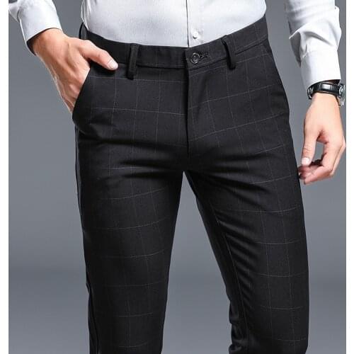 Spring Black Dress Pants Men Slim Fit Fashion Plaid Pants Men Plus Size Business Formal Mens Slim Trousers Wedding Party Pants