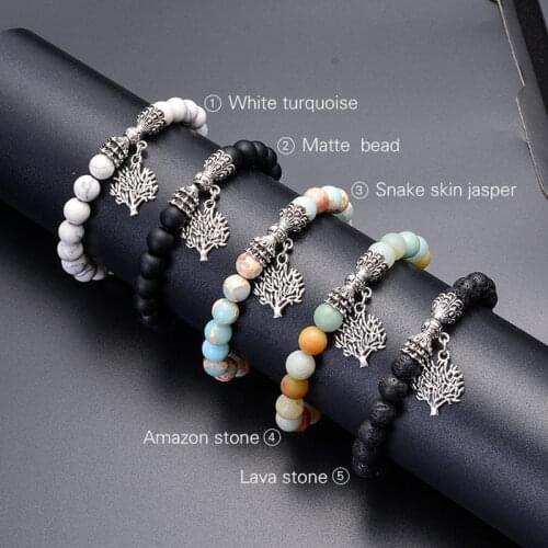 Vintage variety of natural stone 8mm beads hand beaded tree of life charm bracelet personality for unisex elegant jewelry