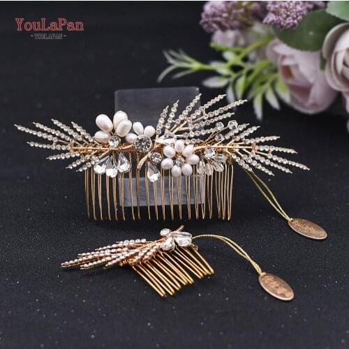 YouLaPan HP01 Chinese Wedding Hair Accessories Gold Rhinestone Bridal Headpiece with Combs for Wedding Bling Headpiece Clips