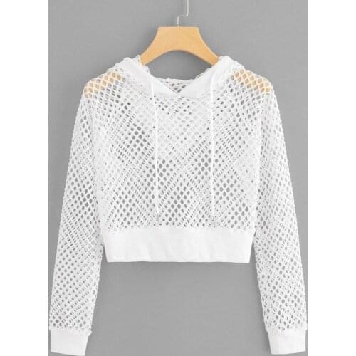 Women Solid Cutout Mesh Insert Cropped Hoodie Sweatshirt Long Sleeve Crop Top Vacation Jacket High Street Transparency Pullovers