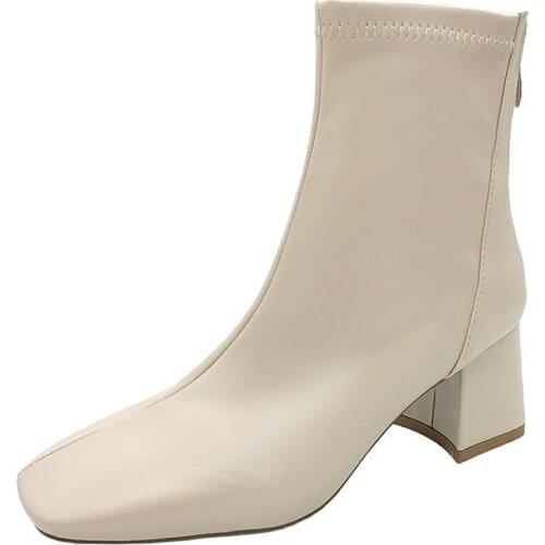 Vrouwen Enkellaarsjes 2021 Winter Beige Hoge Hakken Vierkante Teen Chelsea Schoenen Hoge Kwaliteit Dik Met Rits Martin booties