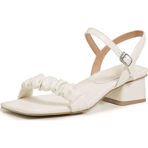 EGTPINAOP Sandals Women Summer New 2021 Square Toe Chunky Heels Genuine Cow Leather One-Line Pleatad Women Shoe TPR Outsole