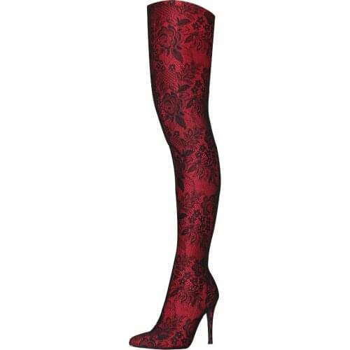 TIMETANG New Popular Stretch Mesh Lace Embroidery 10.5CM High Heel Boots Womens Sexy Pointed Side Zip Over Knee High boots34-44