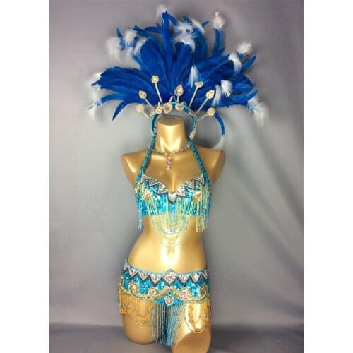 Free shipping hot selling Sexy Samba Rio Carnival Costume new belly dance costume with Turquoise Feather Head piece