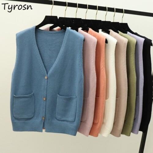 Sweater Vest Women Button Up Casual Outwear Spring Autumn Sleeveless V-neck Chic Solid Plus Size 3XL Pockets Loose Tender Simple