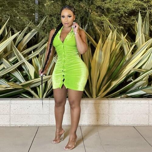 Knitted Velvet Low-cut Breasted Buttoned Hip Skirt Sleeveless Vest Tight-fitting Mid-short Skirt Bodycon Green Dress for Women