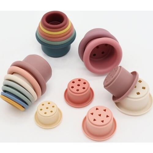 1Set Silicone Stacking Cups Building Block Baby Teether BPA Free Geometric Square Soft Folding Educational Toys Accessories