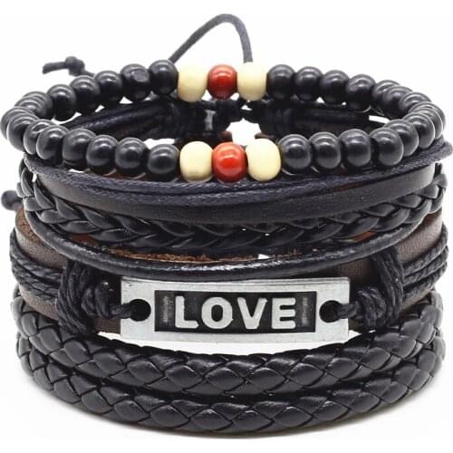 4pcs/set Handmade Fashion Trendy Vintage Handmade Wood Bead Skull Anchor Charm Men Leather Bracelet For Women Jewelry Accessory