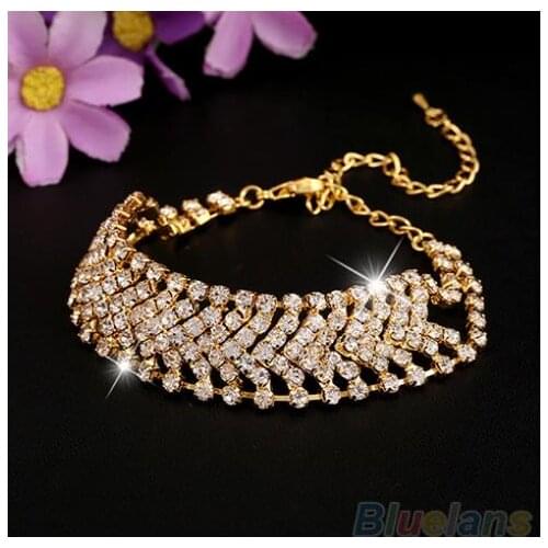Women Multilayer Rhinestone Alloy Party Wedding Wrap Cuff Bangle Chain Bracelet 1SWQ