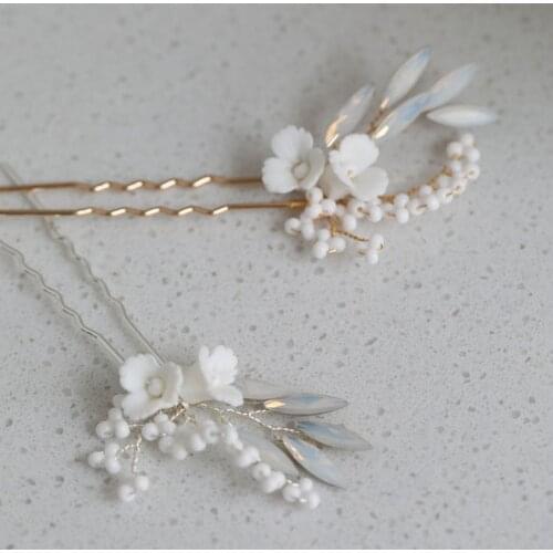 Floralbride Handmade Porcelain Flower Opal Crystal Bridal Hair Pin Set Wedding Hair Sticker Women Jewelry Hair Accessories