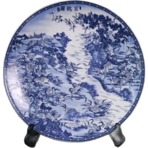 Chinese Old Porcelain Blue And White Crane Pattern Appreciation Plate