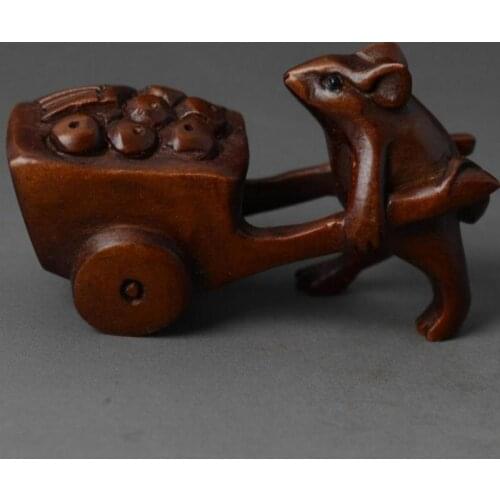 Chinese Boxwood Rat&Cart Handwork Carved Wood Talisman Netsuke Carving