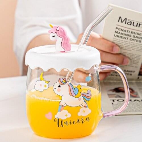 Creative Small Fresh Unicorn Glass Cartoon Ins Small Fresh Unicorn Transparent Water Cup with Straw Cute Coffee Mugs and Cups