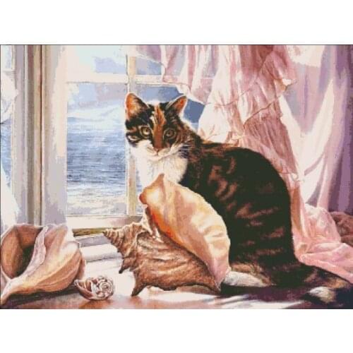 Cat and conch on the windowsill Cross Stitch Kits Needlework Embroidery Crafts 14ct Unprinted DIY Arts Handmade Home Decor