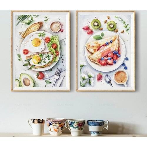 Kitchen Watercolor Funny Posters and Prints Foods Fruits Canvas Wall Pictures Brunch Breakfast Art Painting Dingroom Decor Gifts